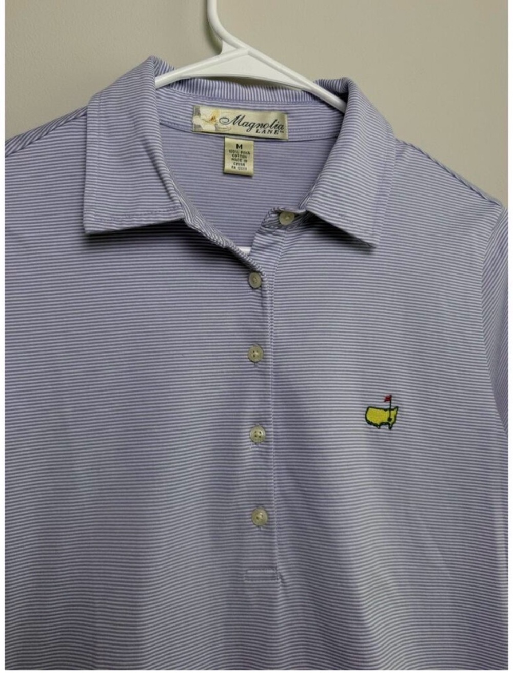 Magnolia Lane Masters Golf Polo Vintage Label Pima Cotton Purple & White Stripe - Picture 3 of 12